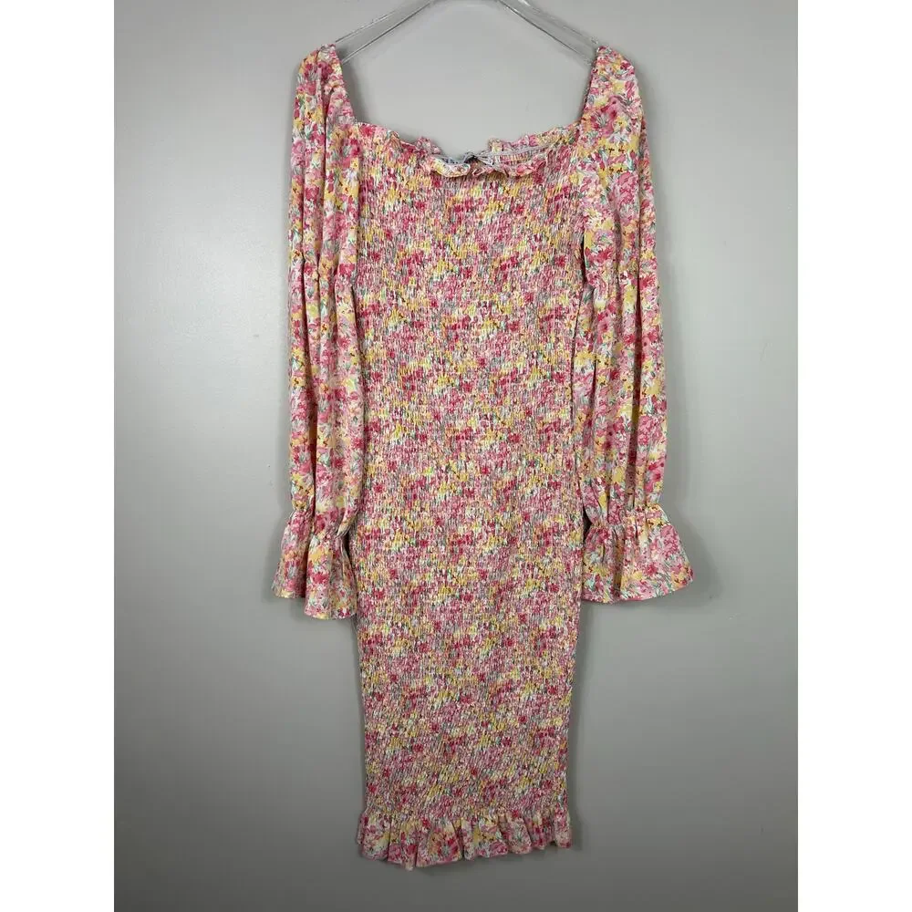 SNDYS Revolve Courtney Floral Smocked Midi Dress Pink 6 Wedding Guest Coquette - Picture 2 of 8